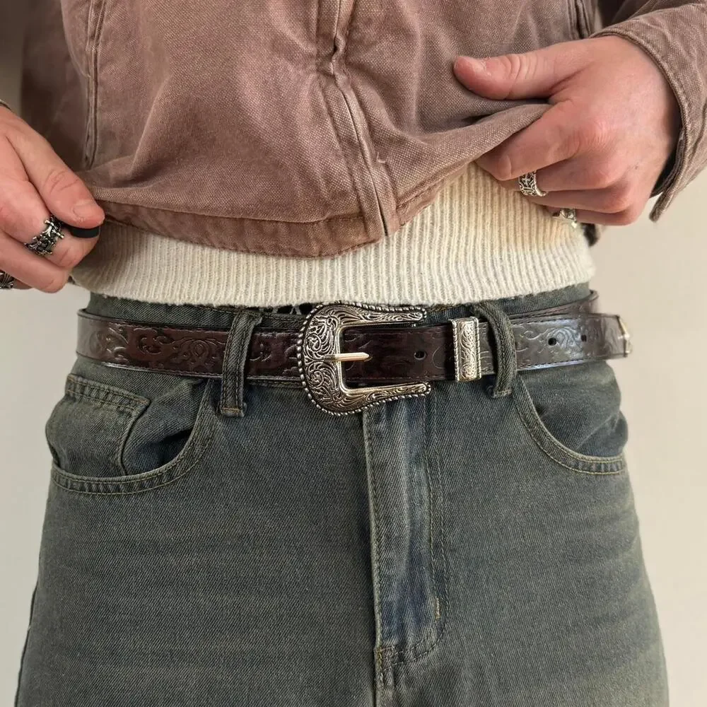 y2k brown leather and silver western cowboy boho belt - Picture 3 of 9